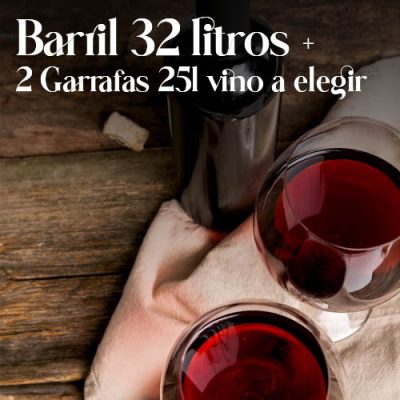 Barril 32 litros + 2 garrafas 25l vino a elegir